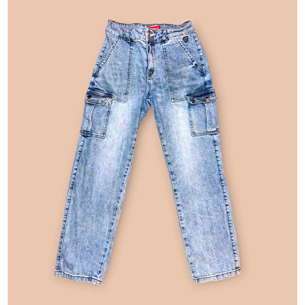 GUESS Kids Size 14 Light Wash High Rise Straight Leg Cargo Jeans Blue Denim